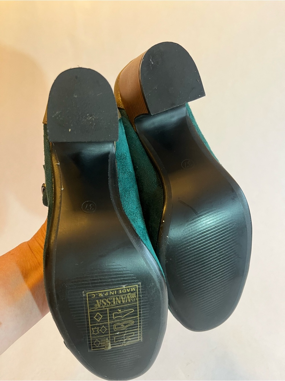 Teal Suede T-Strap Block Heel Pumps - Picture 5 of 7